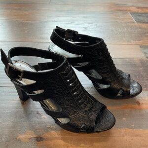 Beautiful Reba Black Pebbled Leather Megan Open Toe Heel 8